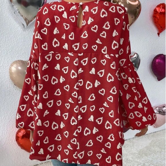 SHEIN LUNE Women's Heart Print Ruffle Hem Blouse Top Size Large NWOT - Picture 3 of 4